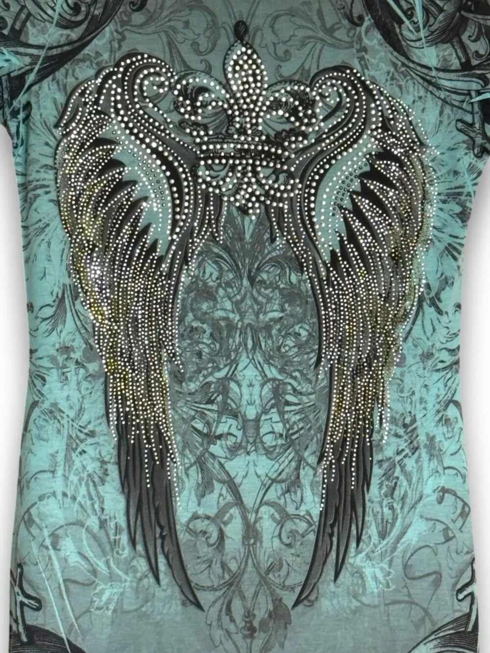 R. Rouge USA Y2K Style Teal Graphic Wing Top Rhinestone Accents Size Medium Fits - Picture 2 of 8